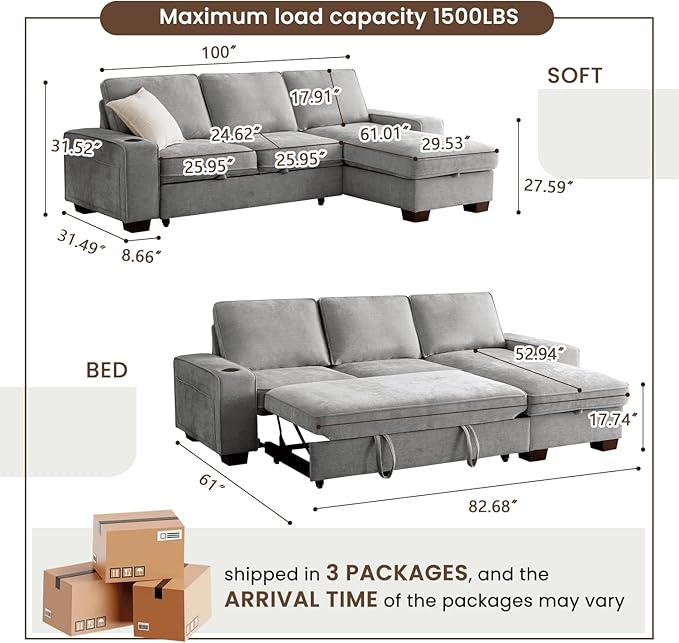 ASHOMELI 99" Convertible Sleeper Sofa Bed,L Shaped with Storage Chaise Pull Out Couch for Living Room,USB and Type-C,Removable Washable Chenille Covers (Gray)