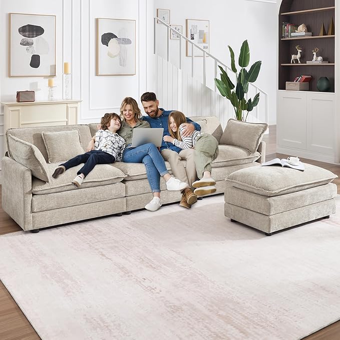 111.5" Modular Sectional Sofa, Large L Shaped Sectionals Cloud Couch, Big Comfy 3-Seat Couch with Ottoman, 4 Seater Chenille Sectional Sofa with Deep Seat and 5 Pillows for Living Room- Camel
