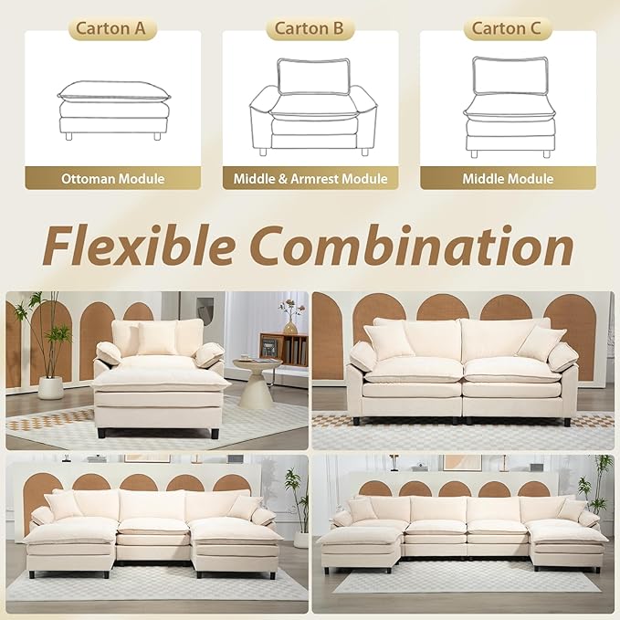 Oversized Modular Sectional Sofa, 111.8 Inch L Shaped Cloud Couch Set, 3-Seat Comfy Convertible Sofa with 1 Movable Ottoman, DIY Combination Sleeper Couch for Living Room(Chenille, Beige)