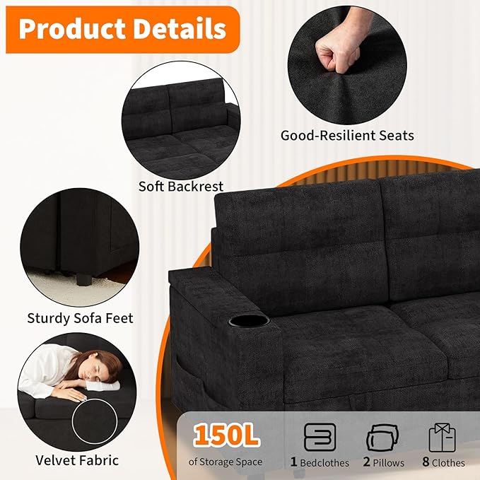Garvee Couches for Living Room, 84'' Sofa Bed，l-Shaped Sectional Sleeper Sofa with Pull Out Bed，Reversible Storage Chaises， Hidden Storage Armrests，Cup Holders & USB Charging Ports