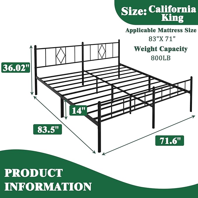 Decorwise 14 Inch California King Size Bed Frames with Headboard/Footboard, Under Bed Storage, Strong Metal Slats Support, No Box Spring Needed, Noise Free, Easy Assembly, Black