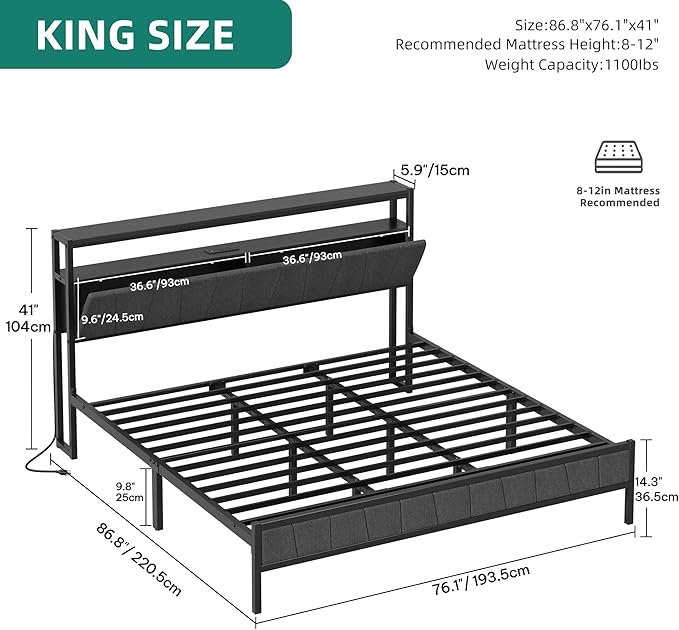 YITAHOME King Bed Frame with Storage Headboard, LED Upholstered Platform Bed with Charging Station, Metal Slats, No Box Spring Needed, Easy Assembly - Gray