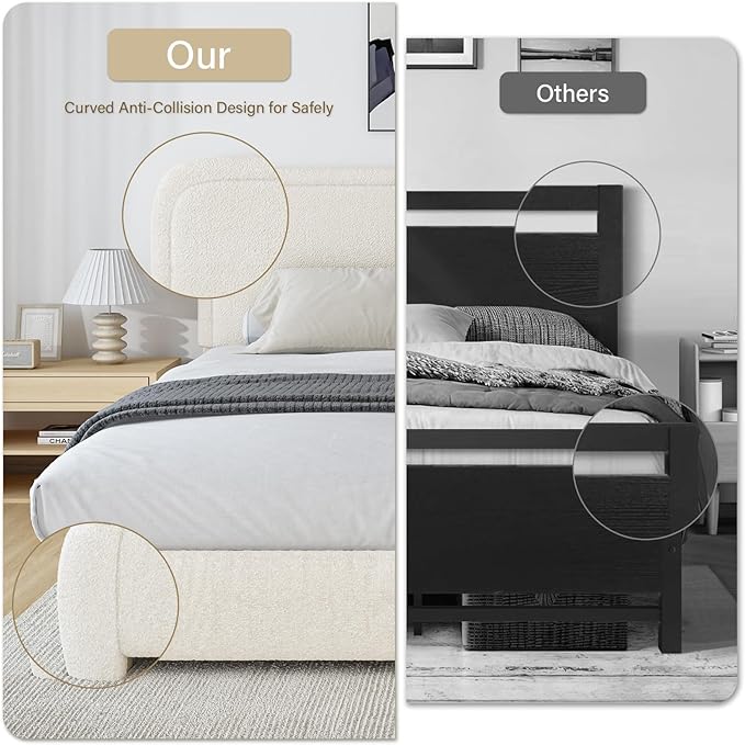 BarnFurin Boucle Upholstered California King Bed Frame/Soft Rounded Corners Headboard/Low Profile Bed Frame/No Box Spring Needed/Non-Slip and Noise-Free/Cream