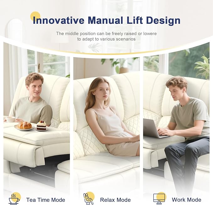 3+1 Manual Recliner Sofa, Maximum Load Capacity 1800lbs & Ergonomics Design, Multi-Functional Middle Seat & Home Theater Seating with Removable Armrest and Storage for RV Living Room(PU,White)