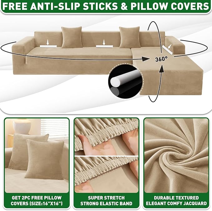 ZNSAYOTX 2026 Soft Velvet Sectional Couch Covers, Luxury Plush Slipcovers with Elastic Bottom for L Shape Sectional Sofa, 2 Pcs Pet Friendly Protector (3 Seat Couch + 2 Seat Chaise, Camel)