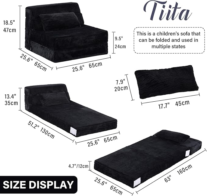 Tiita Convertible Folding Kids Sofa Bed with Pillow & Storage Bag, Plush Fabric Floor Mattress Couch Bed, Washable Cover, Kids Room, Playroom, Dorm, Apartment, Black