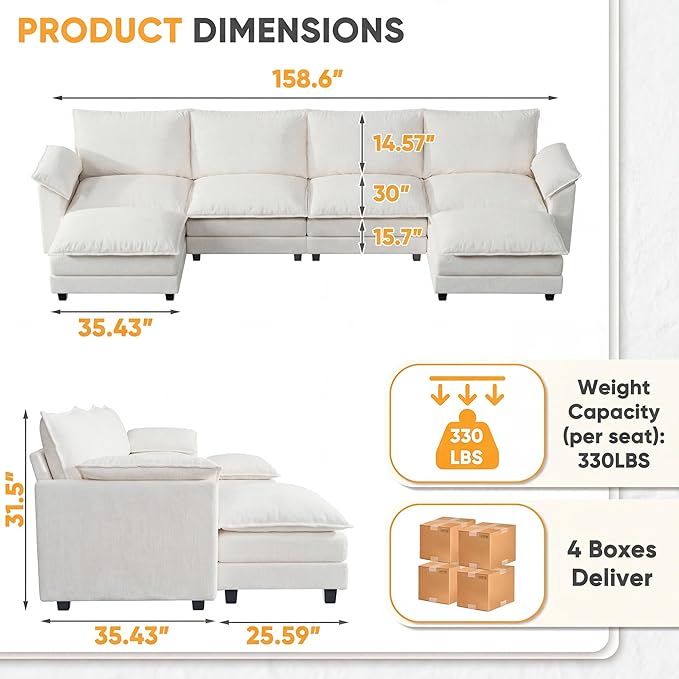 Modular Sectional Sofa with Double Layer Cushion, U Shaped Cloud Couch with 2 Movable Ottoman & Deep Seat, Oversized Chenille Sofa Couches for Living Room and Apartment (White, U Shaped Sofa)