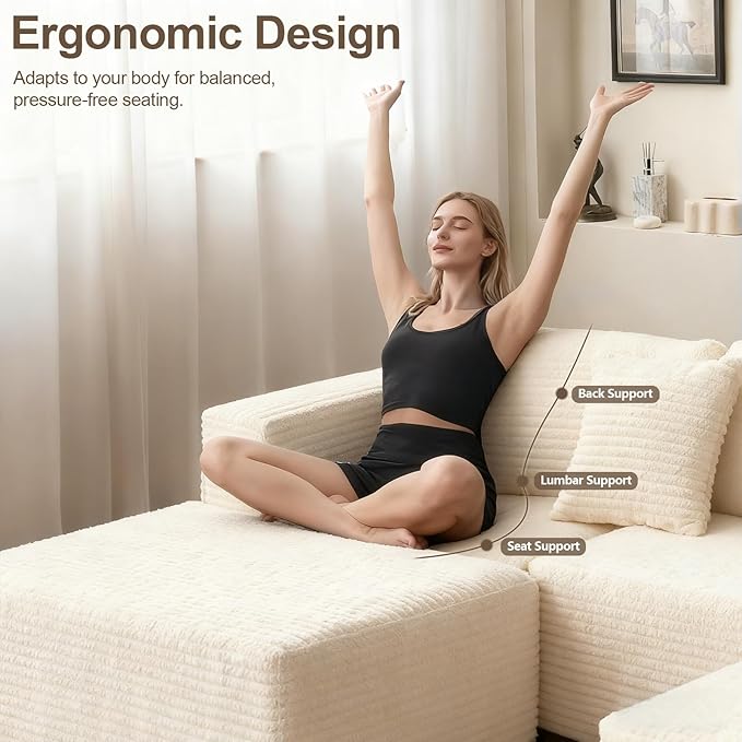 110" Corduroy Boneless Modular Sectional Sofa, Cloud Couch with Memory Foam Deep Seats, U-Shaped Couches for Living Room, Bedroom and Apartment, No Assembly Required, Beige