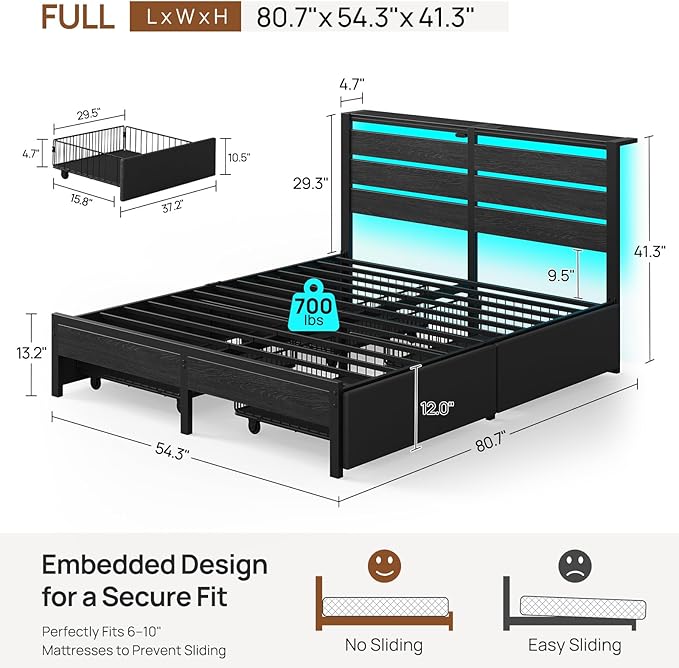 Rolanstar Full Size Bed Frame with 4 Drawers, LED Lights and Charging Station, Metal Platform Bed with Storage Headboard, Noise Free, Easy Assembly, No Box Spring Needed, Black