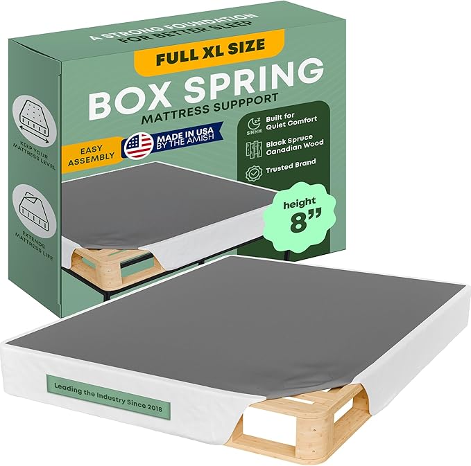 Greaton, 8” Full XL Box Spring for Full XL Size Bed – Amish-Made in the USA – Solid Wood Mattress Foundation with Stable & Quiet Support – Flat-Packed & Easy Assembly – White