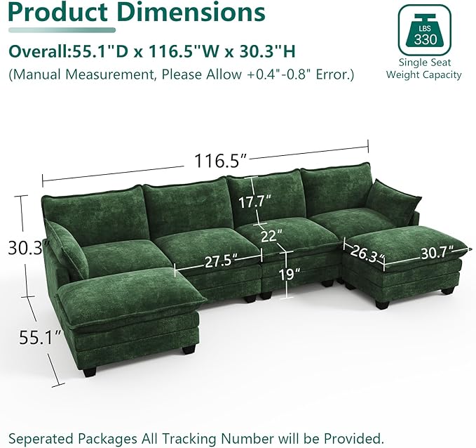 Modular Sectional U Shaped Sofa Couches for Living Room, Cloud Couch with Movable Ottoman, Comfy Chenille Sofa with Pillow for Bedroom and Apartment,Green