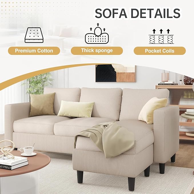 JAMFLY Couches for Living Room, 3-Seat Reversible Sectional Sofa with Convertible Ottoman, Modern Ribbed Fabric L-Shaped Couch for Small Apartment, Studio & Office, Easy Assembly, Beige