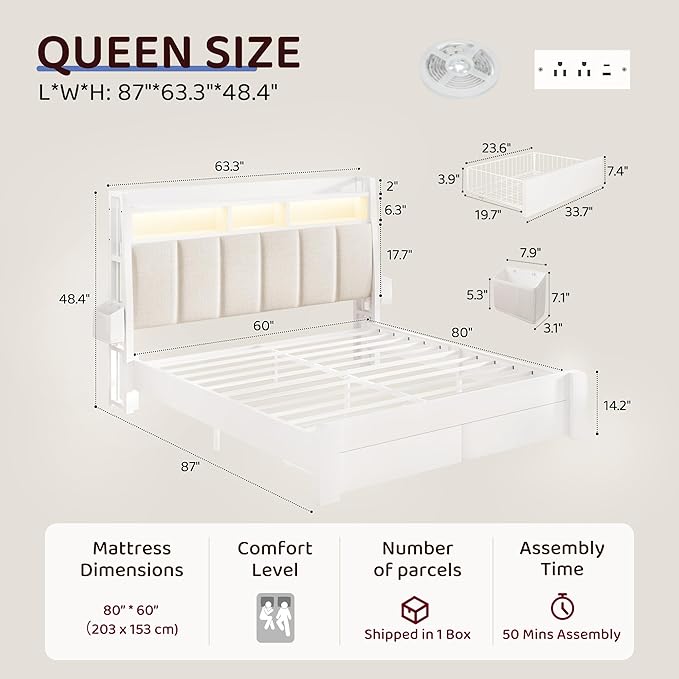 BRELTAM Queen Size Bed Frame with 2 Storage Drawers and 2-Tier Headboard,Upholstered Wooden Platform Bed with Charging Station, LED Lights,Noise-Free/Metal Support/No Box Spring Needed,White