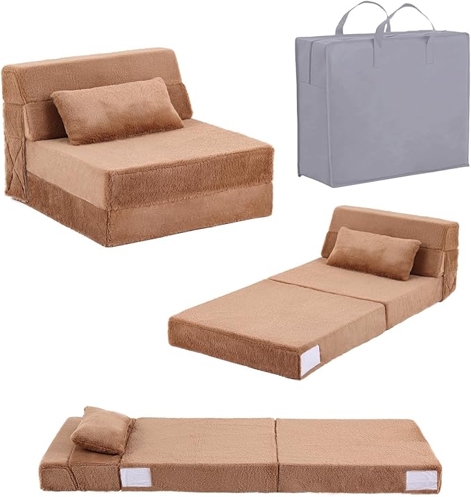 Tiita Convertible Folding Kids Sofa Bed with Pillow & Storage Bag, Plush Fabric Floor Mattress Couch Bed, Washable Cover, Kids Room, Playroom, Dorm, Apartment, Brown