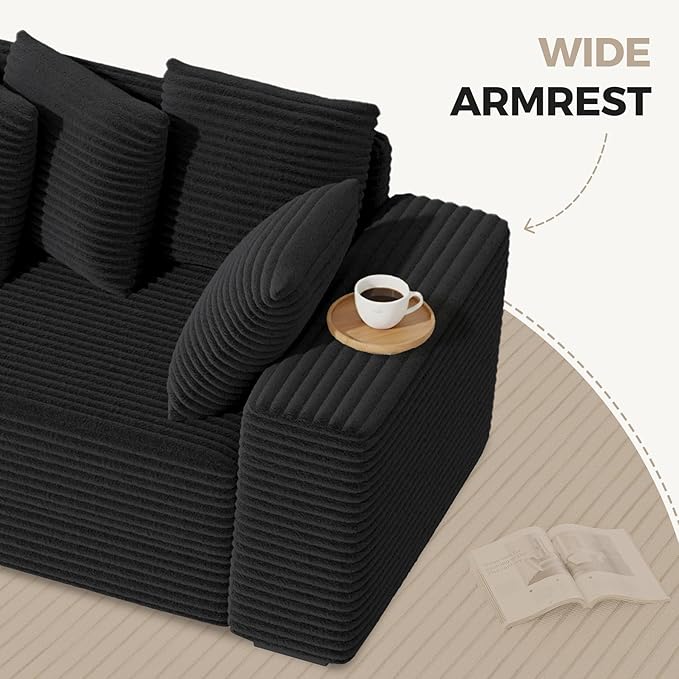 111'' Modular Sectional Cloud Couches with Chaise, L Shaped Extra Large Sleeper Couch Reversible Fluffy Corduroy with 8pcs Pillows for Living Room(Black Left Facing Chaise)