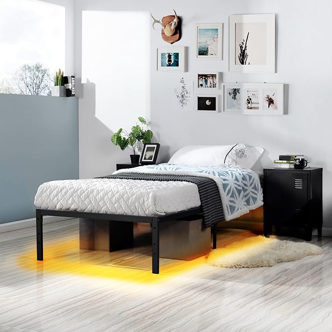 FurnitureR Modern Metal Platform Bed, Full/Twin/Single Size Bed Frame with 14.2" Under-Bed Storage, Sturdy Locking Mechanism, Easy Assembly for Bedroom or Guest Room, Black (Single)