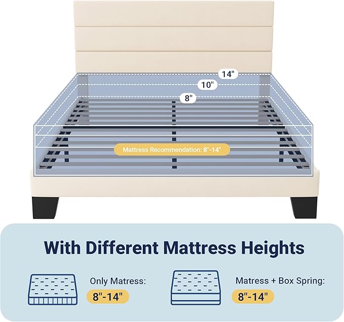 Allewie Full Size Platform Bed Frame with Velvet Upholstered Headboard and Wooden Slats Support, Fully Upholstered Mattress Foundation/No Box Spring Needed/Easy Assembly, Cream