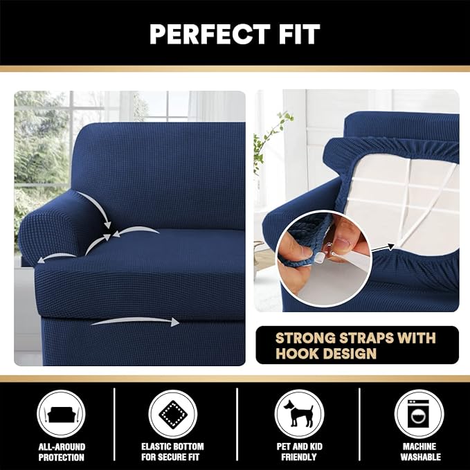 PrinceDeco T Cushion Loveseat Slipcover 3 Pieces Sofa Covers for T Cushion Sofa Stretch Slip Covers for 2 Cushion Couch with 2 Individual T Shape Seat Covers Width Up to 76"- Washable, Navy