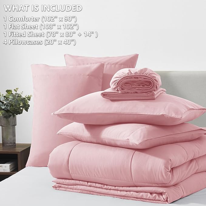 CozyLux King Size Comforter Set Pink, 7 Pieces Bed in a Bag, Pink Comforter King Size, All Season Bedding Sets with Stitch Quilted Comforter, Flat Sheet, Fitted Sheet, Pillowcases