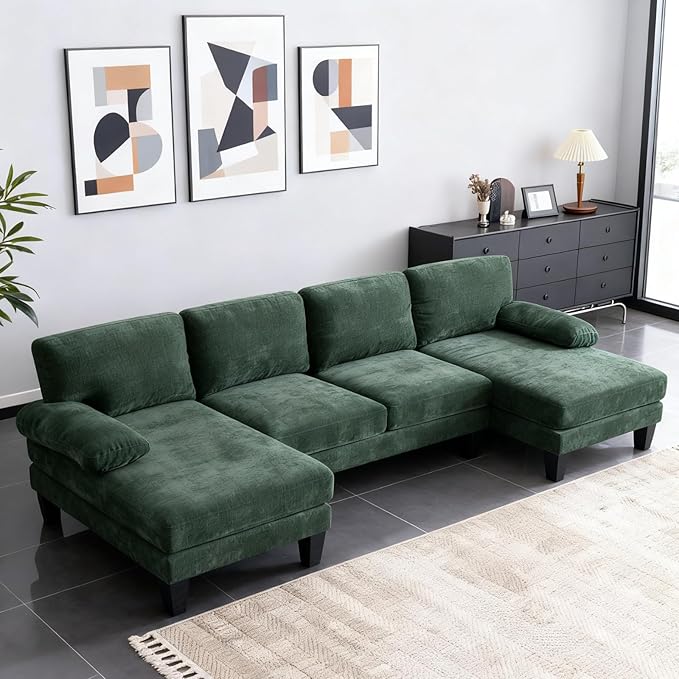 Karl home 111" Sectional Sofa U-Shaped 4-Seat Couch with Chaises Wood Grian Legs Chenille Fabric Upholstered for Living Room, Apartment, Office, Green
