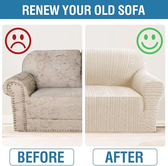 H.VERSAILTEX Sofa Cover 1 Piece Stretch Couch Covers for Sofa Anti-Slip Slip Covers for Sofas/Couches Soft Dogs Slipcovers Washable Upgrade Thick Jacquard Fabric with Spiral Pattern(58"-70", Ivory)
