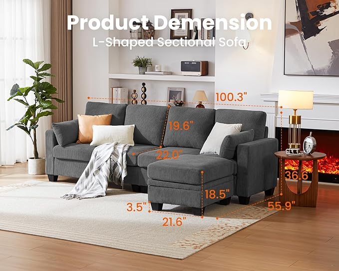 CHIC HOUSE Modular Sectional Sofa with Storage Ottomans, Corduroy Cloud Couch for Small Spaces & Apartments, Reconfigurable L/U Shaped Convertible Corner Sofa (Dark Grey,5 Seater Sectional)