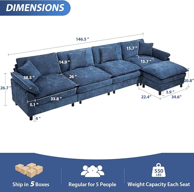 Oversized Modular Sectional Sofa, 146.5 Inch L Shaped Cloud Couch Set, 4-Seat Comfy Convertible Sofa with 1 Movable Ottoman, DIY Combination Sleeper Couch for Living Room(Chenille, Blue)