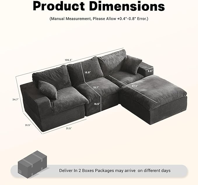 106.3” Sectional Couches for Living Room, Set of Cloud Couch, Modular Sectional Sofa, Convertible Sofas Bed, Deep Seat Sofa, L Shaped Cozy Sofa Furniture Set, Corduroy, Gray