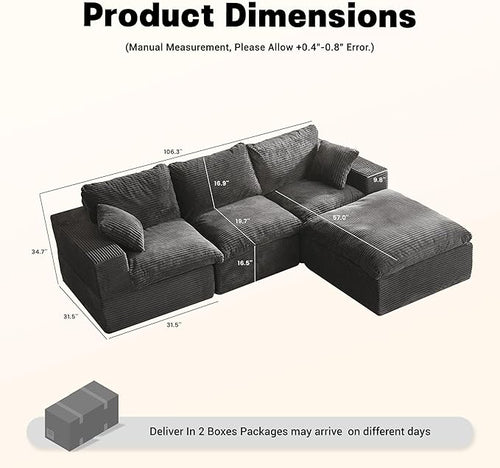106.3” Sectional Couches for Living Room, Set of Cloud Couch, Modular Sectional Sofa, Convertible Sofas Bed, Deep Seat Sofa, L Shaped Cozy Sofa Furniture Set, Corduroy, Gray