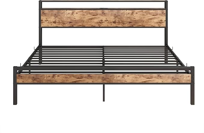 BOFENG Metal Platform King Size Bed Frame with Storage Headboard and USB Charging Station,King Bed Frame No Box Spring Needed,Sturdy and Noise-Free,Easy Assembly,Brown