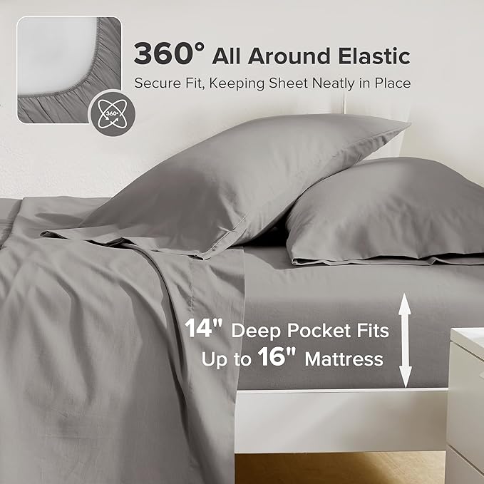 Comfort Spaces 100% Cotton Sheets King, Breathable & Ultra Soft Cotton Sheets, Naturally Cool Cotton Bed Sheets with 14" Elastic Pocket Fits up to 16" Mattress, All Season Sheet Set, Dark Gray 4 Piece