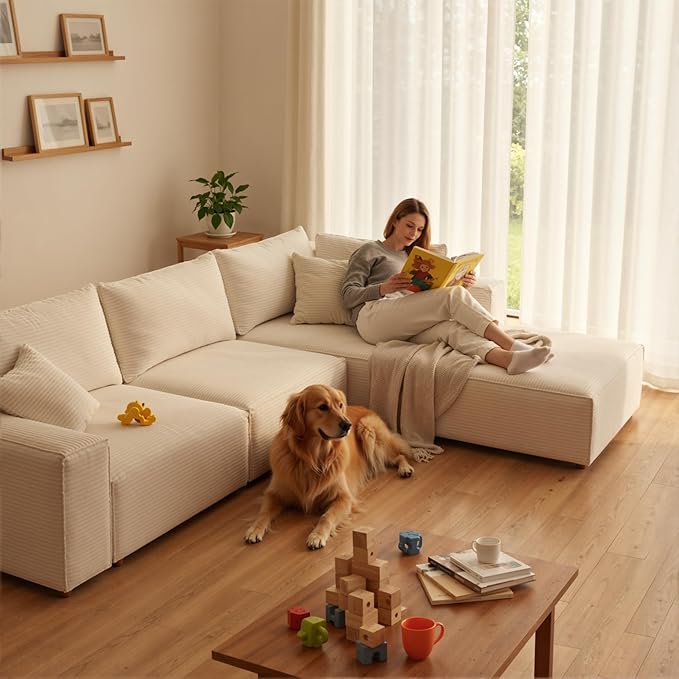 97" L-Shaped Cloud Corduroy Sofa with Right Chaise, Modular Sectional Couch, Flexible Combination Couches for Living Room, Bedroom, No Assembly Required (White)