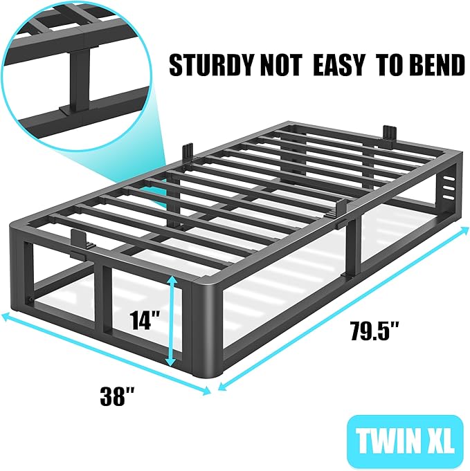 Firpeesy Metal Heavy Duty 14 inch Twin XL Bed Frame with Rounded Corner and Headboard Hole Mattress Retainers 3500 LBS No Box Spring Needed Platform Noise Free Easy Assembly