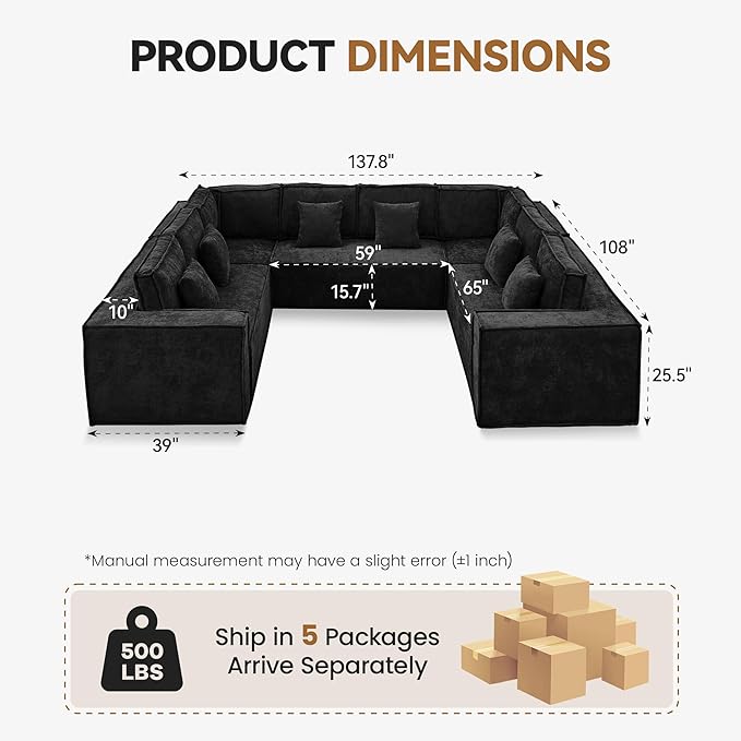 138'' Boneless Chenille U Shaped Couch, Oversized Modular Sectional 8 Seater Sofa, Modern Deep Seat Corner Cloud Compressed Couch, No Assembly Sleeper Sofa with Chaise for Living Room, Black