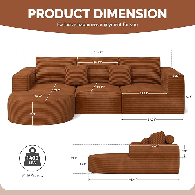 Boneless Couches for Living Room,Cloud Sectional Couch with L-Shape Chaise,Modern Modular Sofa with Deep Seat Upholstered Comfy Couches for Bedroom,No Assembly Required,1PCS