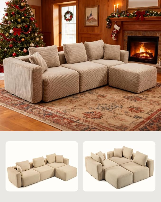 Karl home 112" Sectional Couch with Movable Ottoman, Modern Corduroy Cloud Sofa Set with Deep Seat, Convertible L-Shape Boneless Couch for Living Room, Apartment, Studio, Khaki