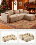 Karl home 112" Sectional Couch with Movable Ottoman, Modern Corduroy Cloud Sofa Set with Deep Seat, Convertible L-Shape Boneless Couch for Living Room, Apartment, Studio, Khaki