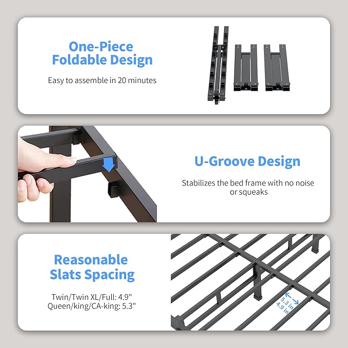 ROIL 18 Inch Full Size Bed Frame with Mattress Slide Stopper - Double Black Basic Anti Squeak Steel Slats Metal Platform, Heavy Duty Noise Free Easy Assembly Bedframes, No Box Spring Needed