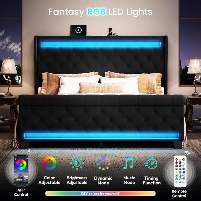 Belffin King Size Bed Frame with Headboard,50" Tall Headboard Upholstered Velvet Platform Bed with LED Lights & 2 USB Port/1 Type C Port, Button Tufted, No Box Spring Needed,Noise Free,Black