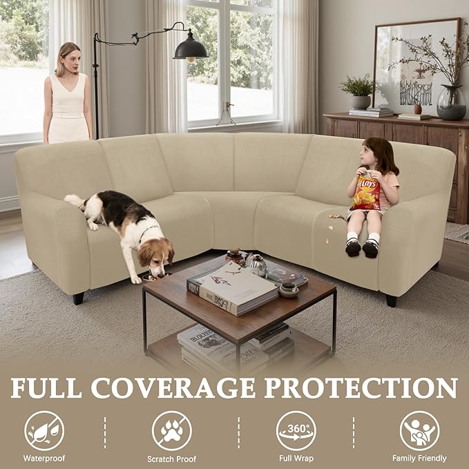 Couch Covers for Sectional Sofa Reclining L Shape Waterproof Washable Sectional Couch Covers Super Stretch Recliner Sofa Slipcover(5 Seater Cover, Brownish Yellow)