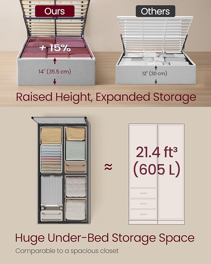 VASAGLE Lift Up Storage Bed Frame Twin Size, Hydraulic Platform Bed, with Upholstered Headboard, 550 lb Weight Capacity, No Box Spring Needed, Easy Assembly, Modern, Dove Gray URMB603G01