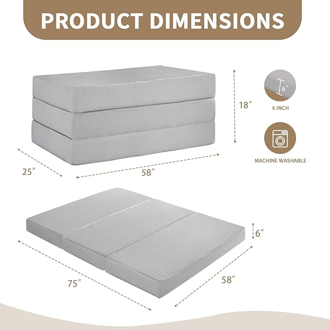 CYMULA Folding Mattress Queen Size, Memory Foam 6 inch Tri Portable Trifold Mattress Futon Topper Queen with Breathable & Washable Cover, Murphy Bed Guest Bed,Grey (58"x75"x6")