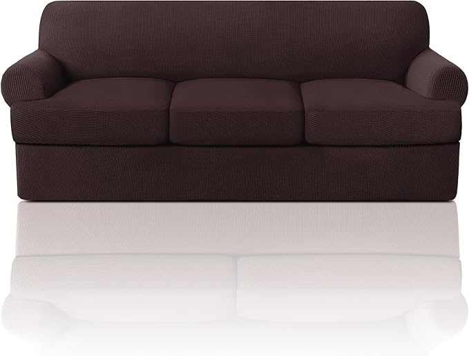 PrinceDeco T Cushion Sofa Slipcover 4 Pieces Sofa Covers for T Cushion Couch Soft Sofa Slip Covers Furniture Protector with 3 Individual T Shape Seat Covers (70"-88") Washable, Brown