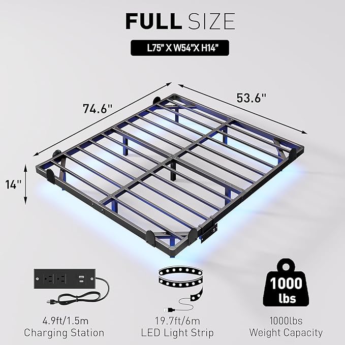 qimamo 14 Inch Floating Full Bed Frame with Smart LED Lights and Charging Station, Modern Metal Full Bed Frame, Easy to Assemble, No Box Spring Needed