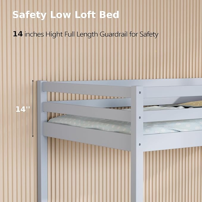 VINGLI 47'' Tall Junior Low Loft Bed with Stairs, Wood Loft Bed Twin Size for Adults, Kids and Young Teens, No Box Spring Required,Wood Slat Support, Gray