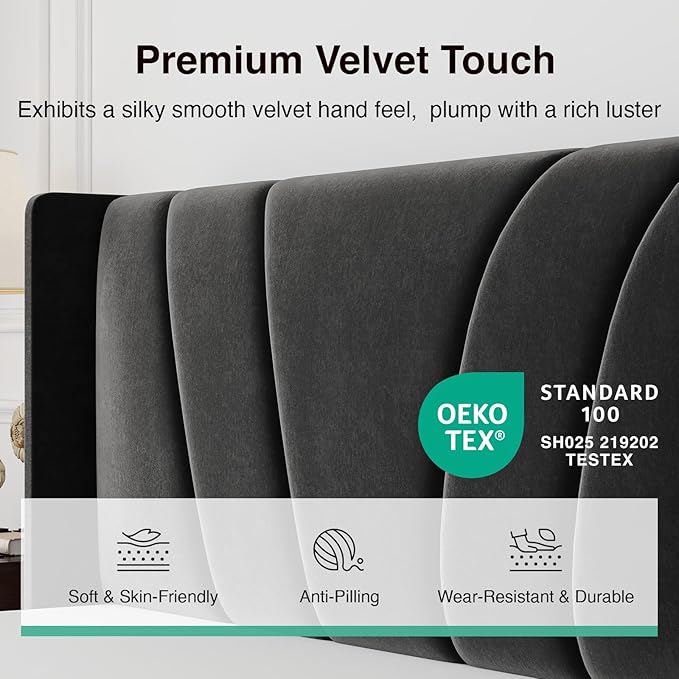 Novilla Full Size Bed Frame, Full Bed Frame with Headboard, Velvet Upholstered Wing Side Headboard, No Box Spring Needed, Heavy Duty Feet, Easy Assembly, Black Velvet