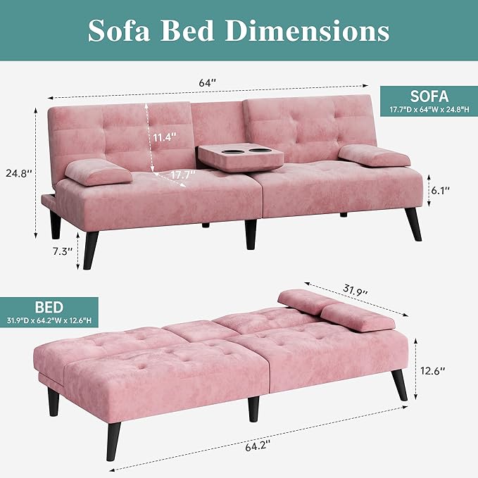Meilocar Futon Sofa Bed, Modern Convertible Sofa Couch Recliner, 64 in Adjustable Sofa Bed for Living Room, Removable Armrest Pillow, 2 Cup Holders, 3 Angles Back, 5.3FT, Pink