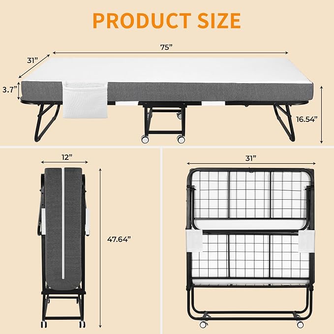 MAMIZO Foldable Bed,Portable Bed,Folding Bed with Mattress,75" x 38" Twin Size Rollaway Bed with Mattress for Adults,Metal Frame with Memory Foam Mattress,for Bedroom,Office,Camp,No Assembly Required