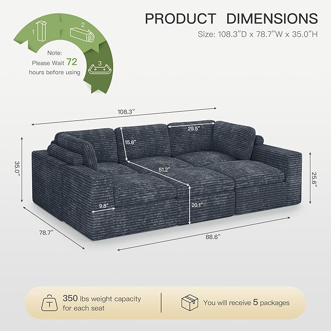 Belffin Boneless Modular Cloud Sectional Sleeper Sofa Bed Plush Corduroy Boneless Sectional Couches for Living Room with Ottoman No Assembly Required. Grey Couch