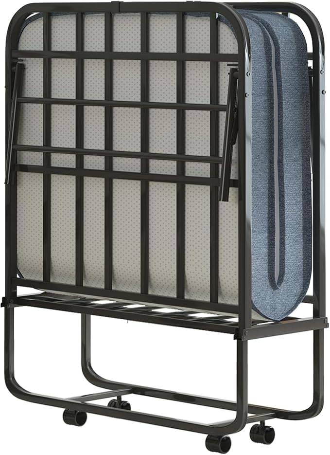 Mjkone Folding Bed with Mattress, 5 Inch Rollaway Bed for Adults, 75" x 31" Roll Away Beds with Lockable Wheels, Sturdy Metal Fold Up Frame for Bedroom/Guest, Space Saving